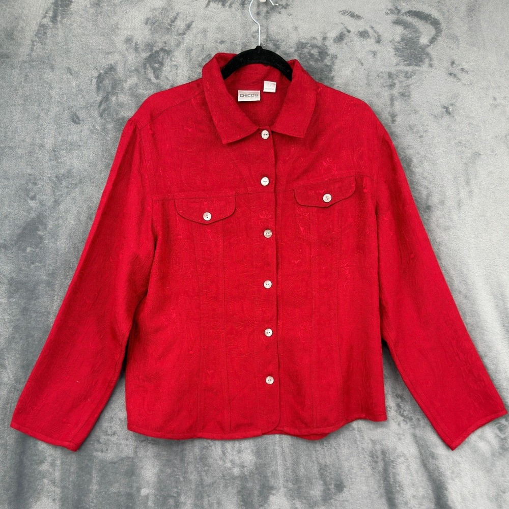 Chicos Jacket Womens Size 2 L Red Silk Paisley Jacquard Button Front Pockets
